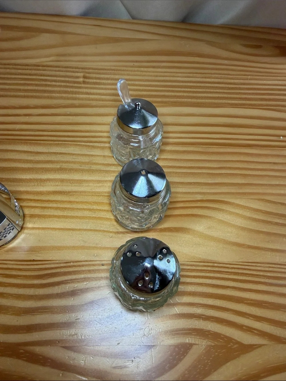 Vintage 4-Piece Cut Glass Condiment Set with Silver Tone Caddy Chrome Basket